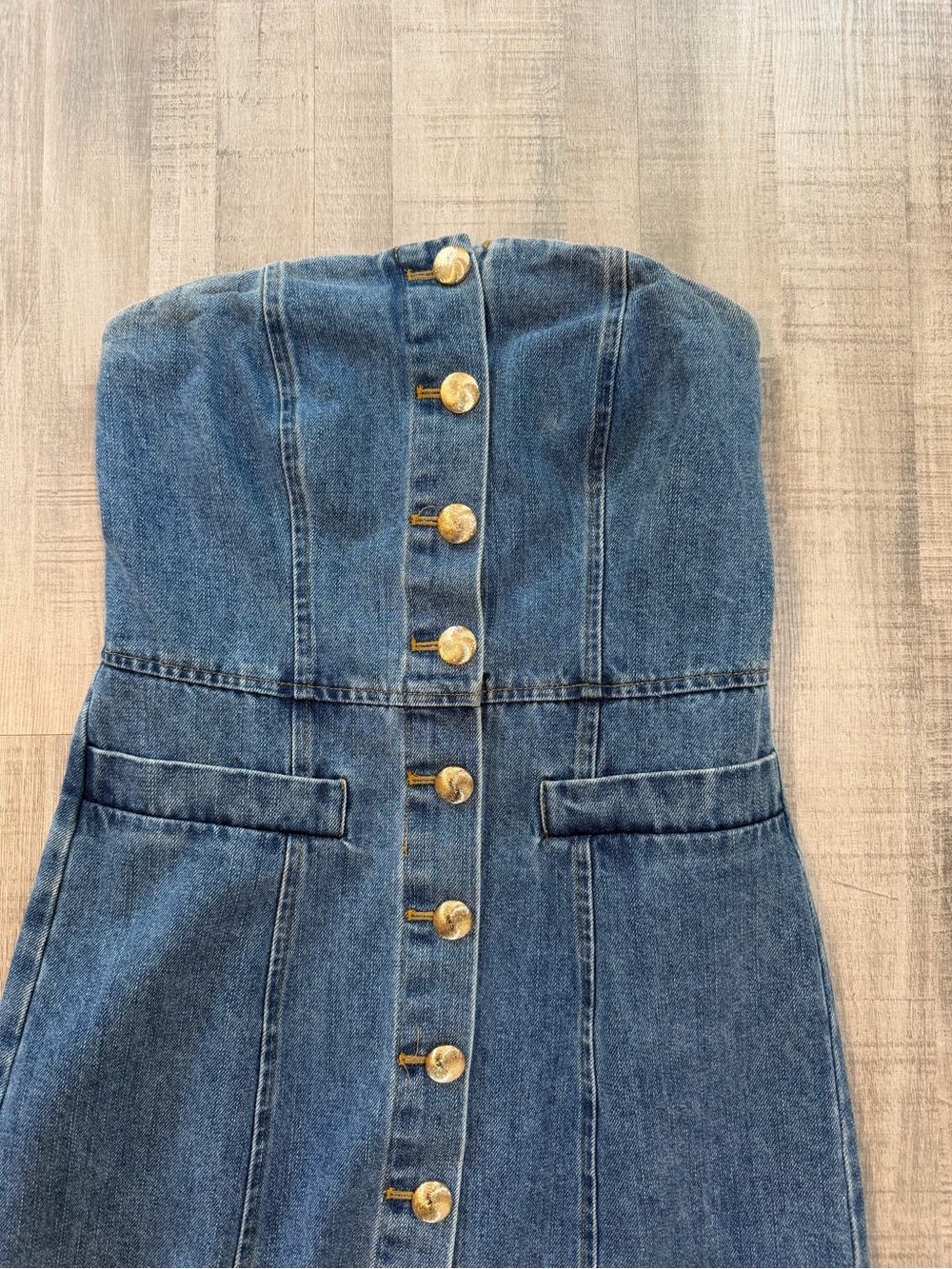 English Factory Women’s M Strapless Denim Mini Dress Gold Button A-Line Blue